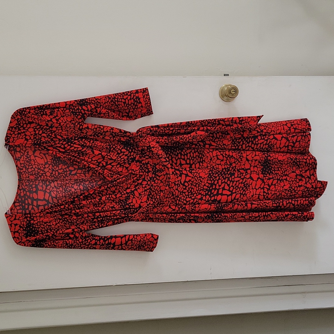 David Meister Geometric Black And Red Print Wrap Dress Sz 12